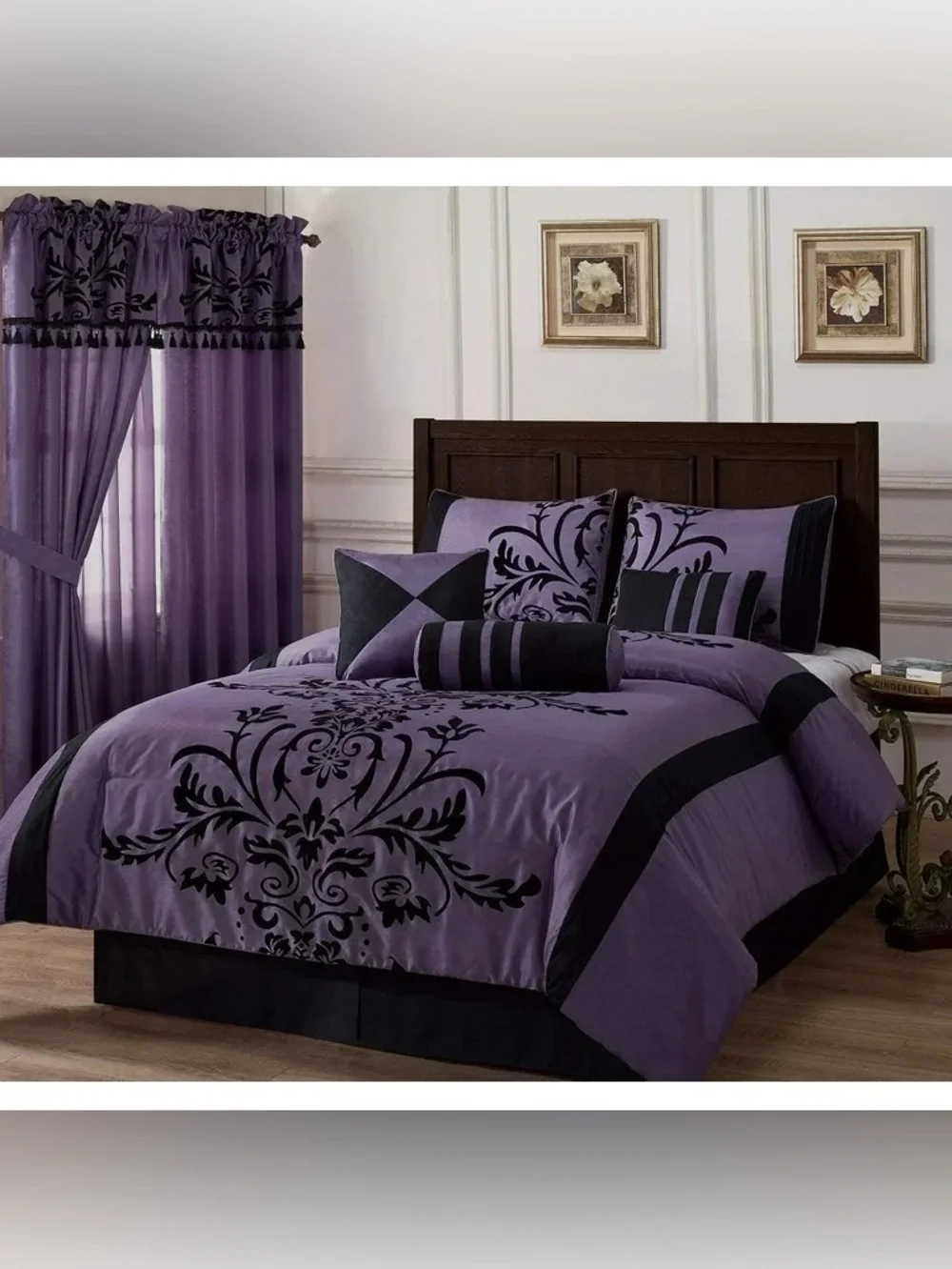 Plush Purple and Black Damask Comforter Set - Elegant Home Bedding